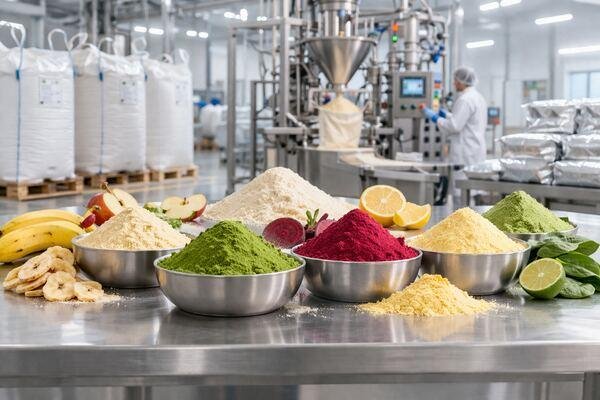 Food-grade powder ingredient measured with a laboratory scoop