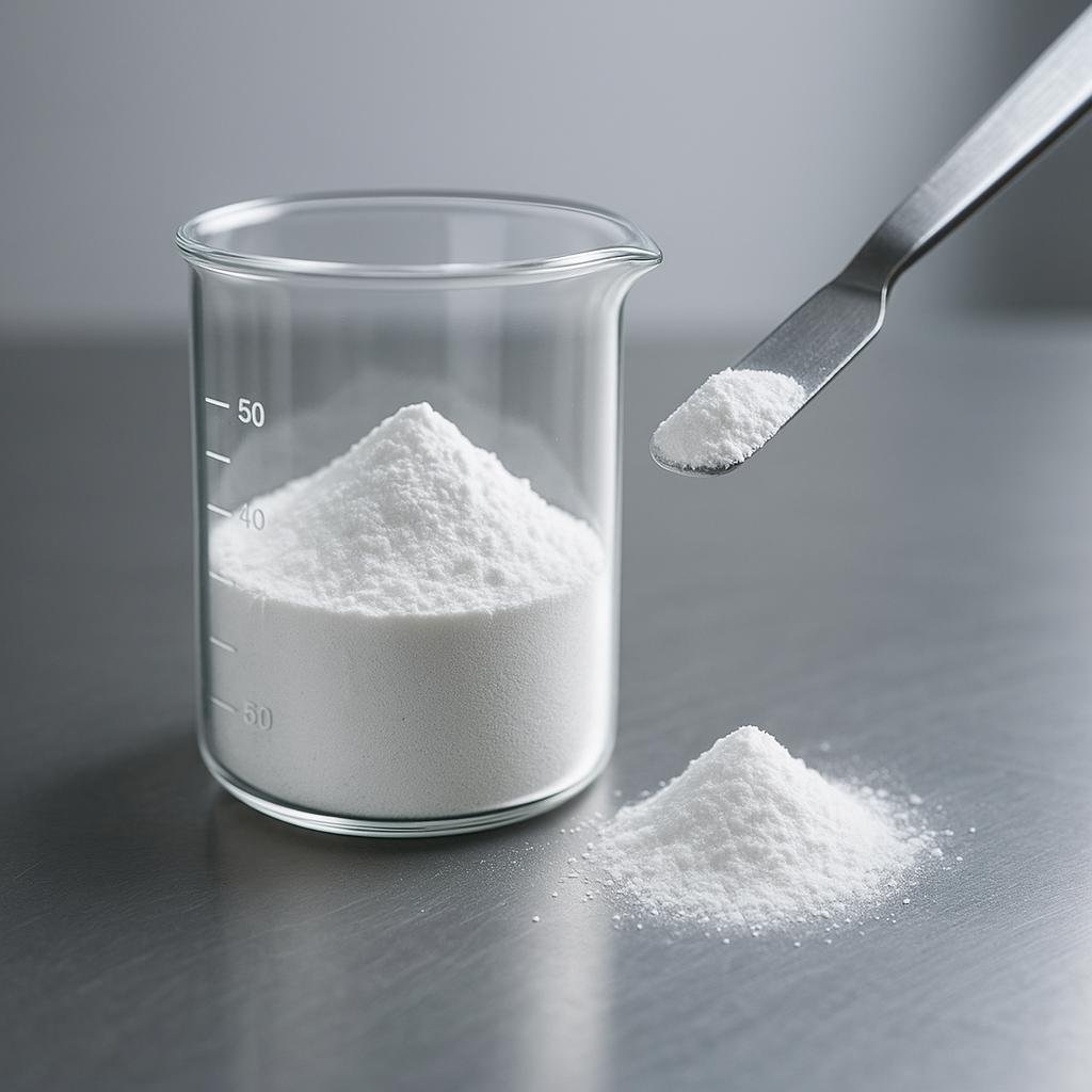 Food-grade powder ingredient measured with a laboratory scoop