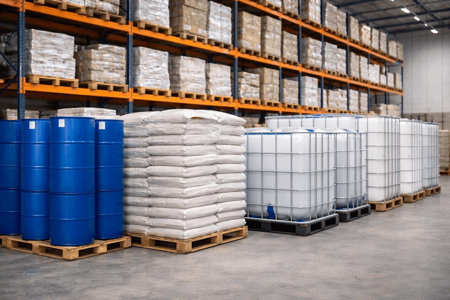 Industrial chemical drums, sacks, and containers in a warehouse