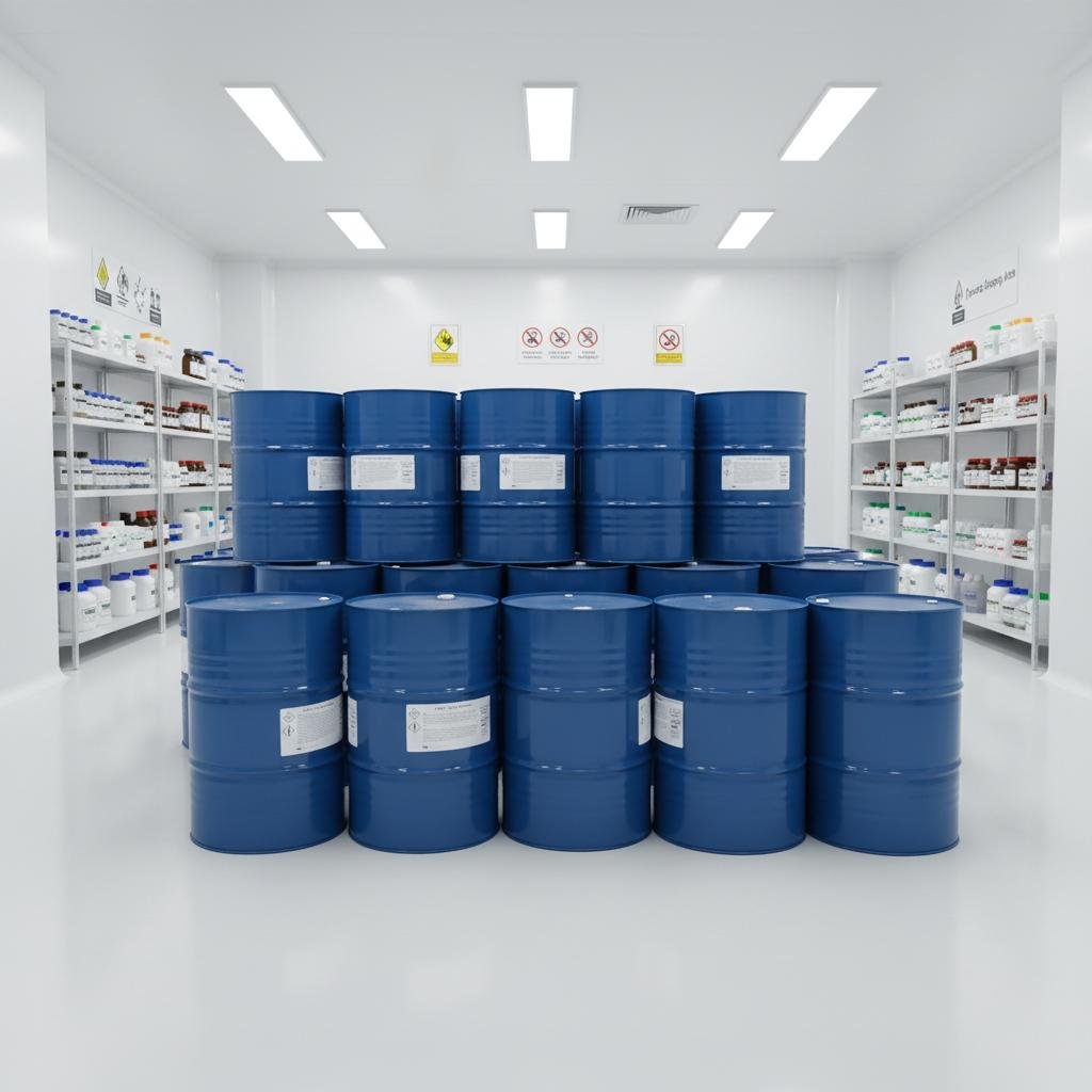 Chemical storage room with drums and packaged containers