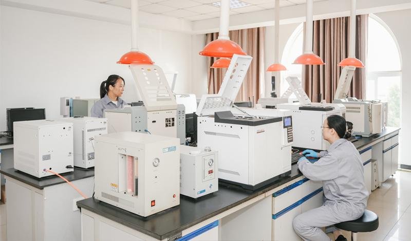 Laboratory technicians operating gas chromatography equipment for quality testing