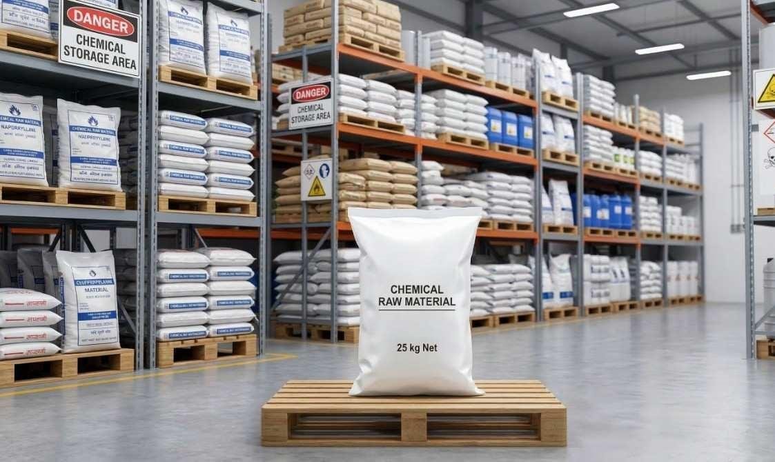 Palletised chemical raw material packaging in a warehouse storage area